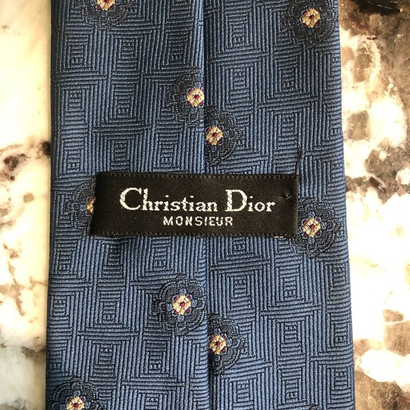 Christian Dior Monsieur Tie - Slate Blue with Repeating Decorative Motif - Picture 2 of 8